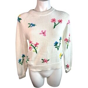 White + Warren Floral Patterned White Sweater